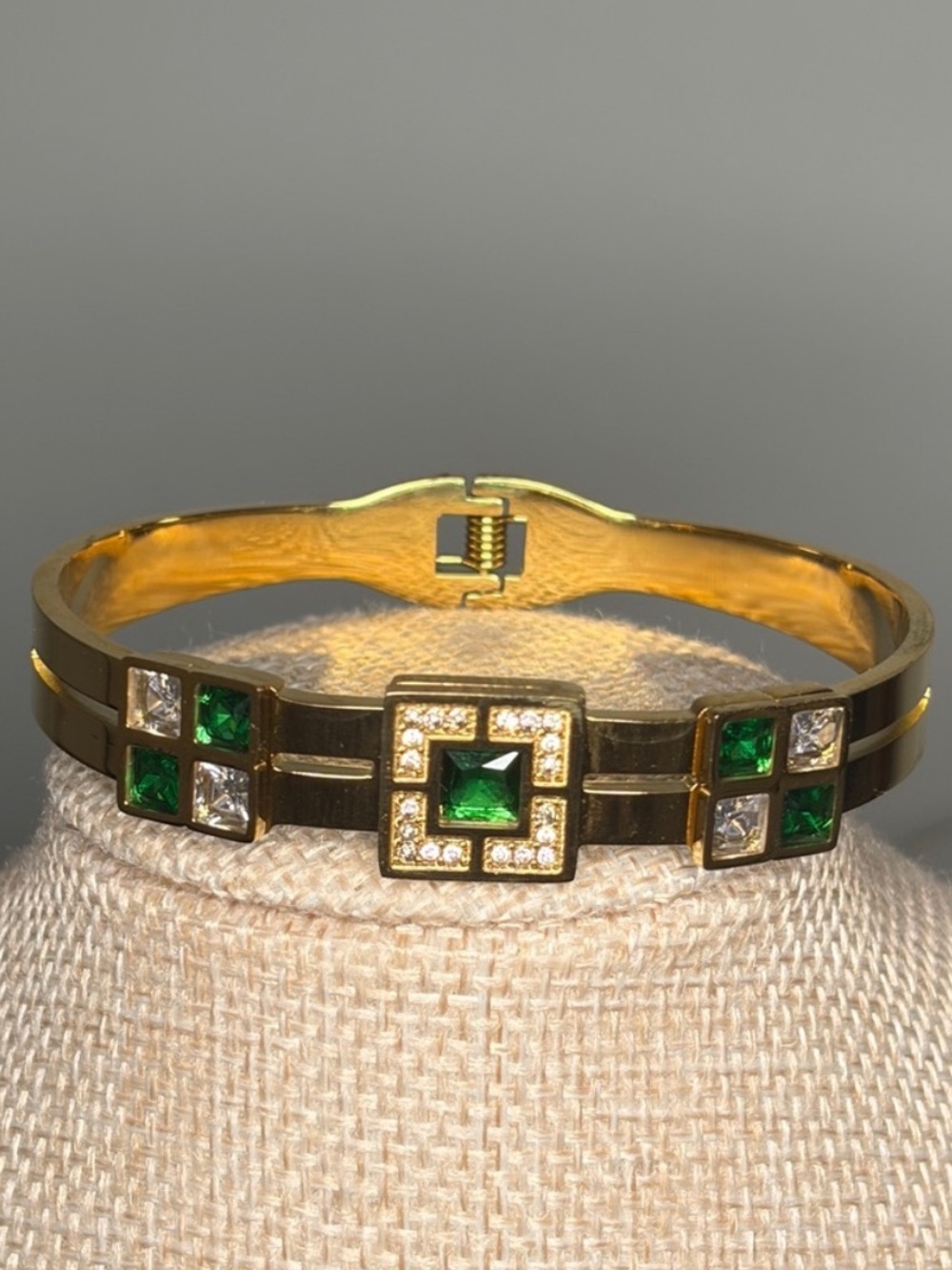 Gold-Tone Green Square Crystal Bangle Bracelet